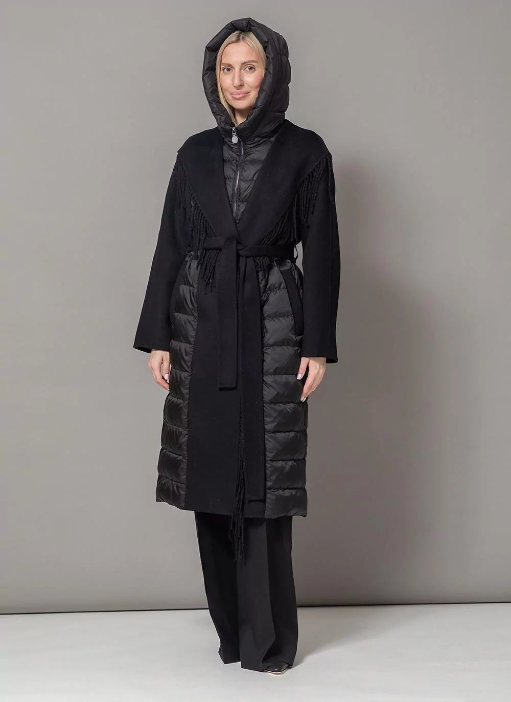 Manteau Kennedy en mélange de laine et duvet de luxe à franges, noir