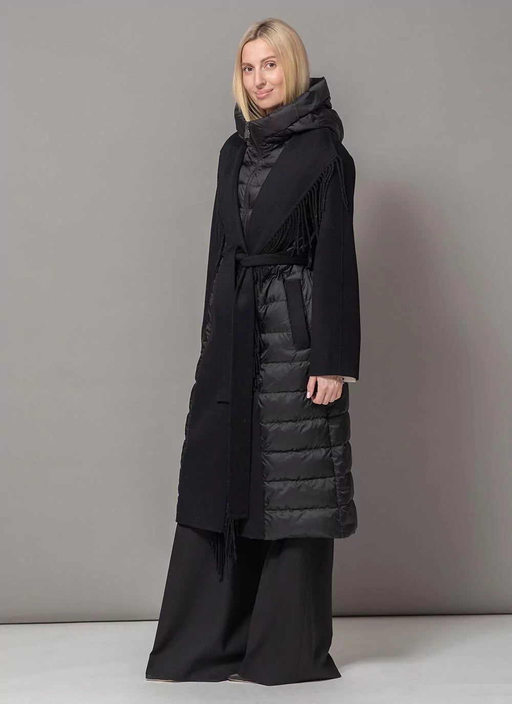 Manteau Kennedy en mélange de laine et duvet de luxe à franges, noir