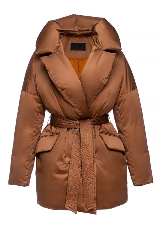 Aria Premium Down Fill Belted Jacket in Cinnamon