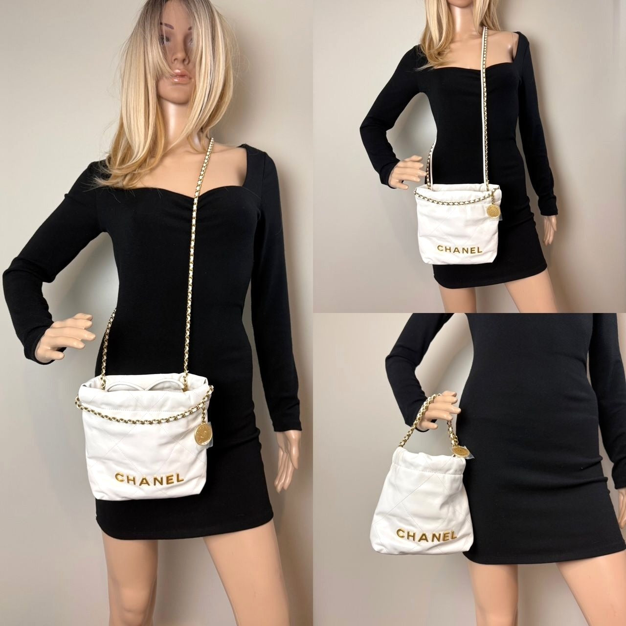 Chanel 22 Mini Shiny Calfskin Quilted White Crossbody Hand Bag