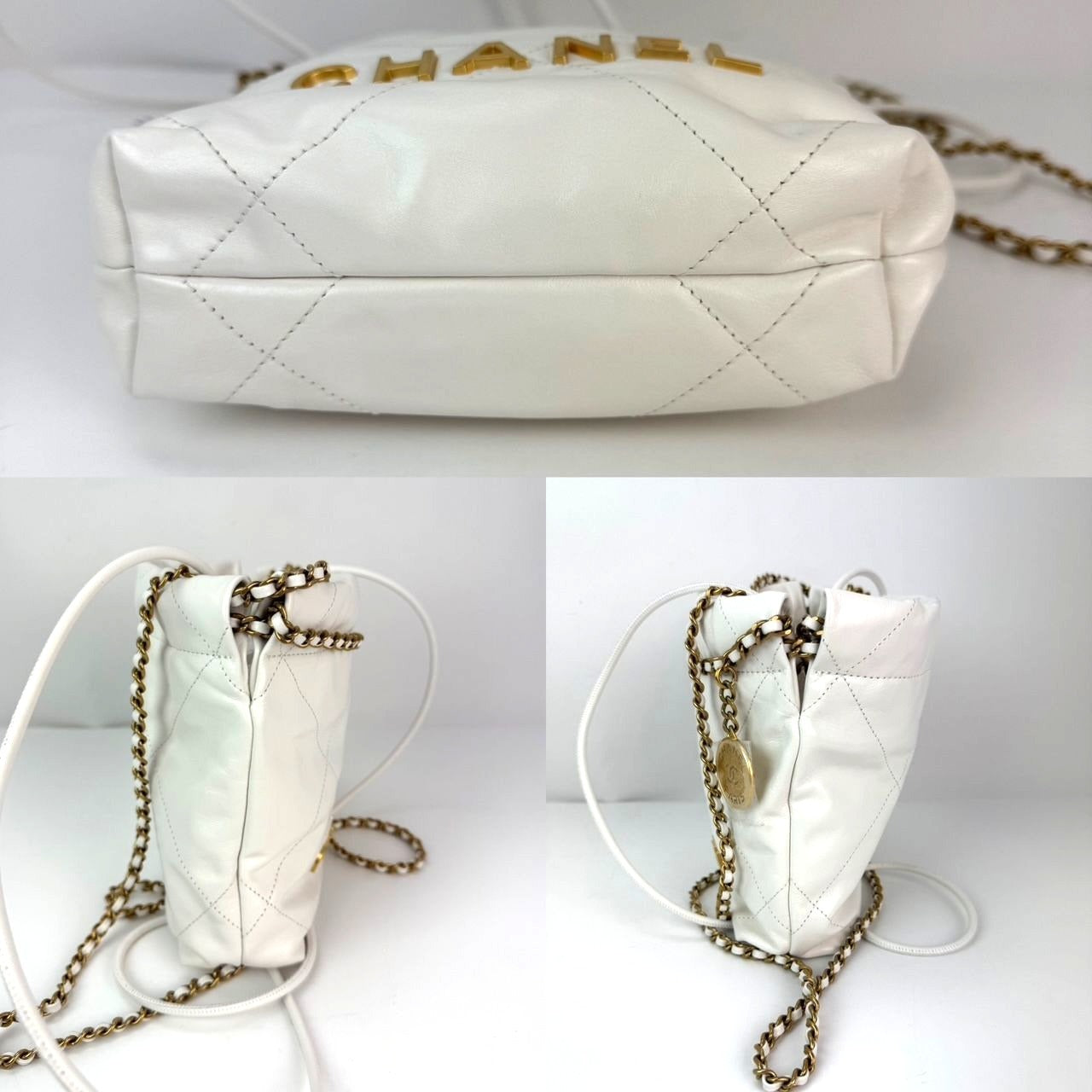 Chanel 22 Mini Shiny Calfskin Quilted White Crossbody Hand Bag
