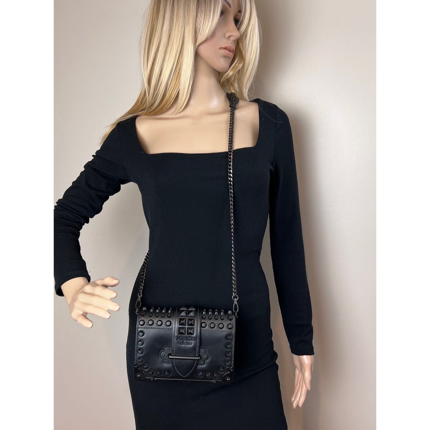 Prada City Calfskin Saffiano Studded Cahier Crossbody Clutch Bag Black